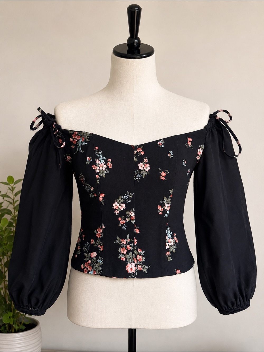 Reformation Floral Off-Shoulder Black Peasant Top